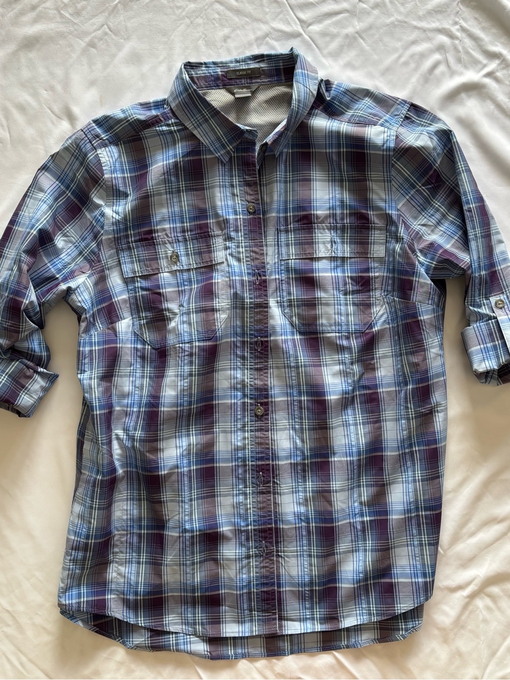 Eddie Bauer Blue and Purple Plaid Casual Button-Down Shirt womens Size L